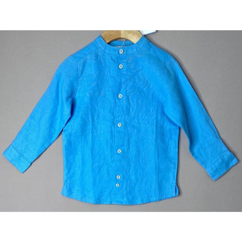 NWT Jacadi Sky Blue Linen Band Collar Long Sleeve Button Up Shirt Boys 3 Yrs